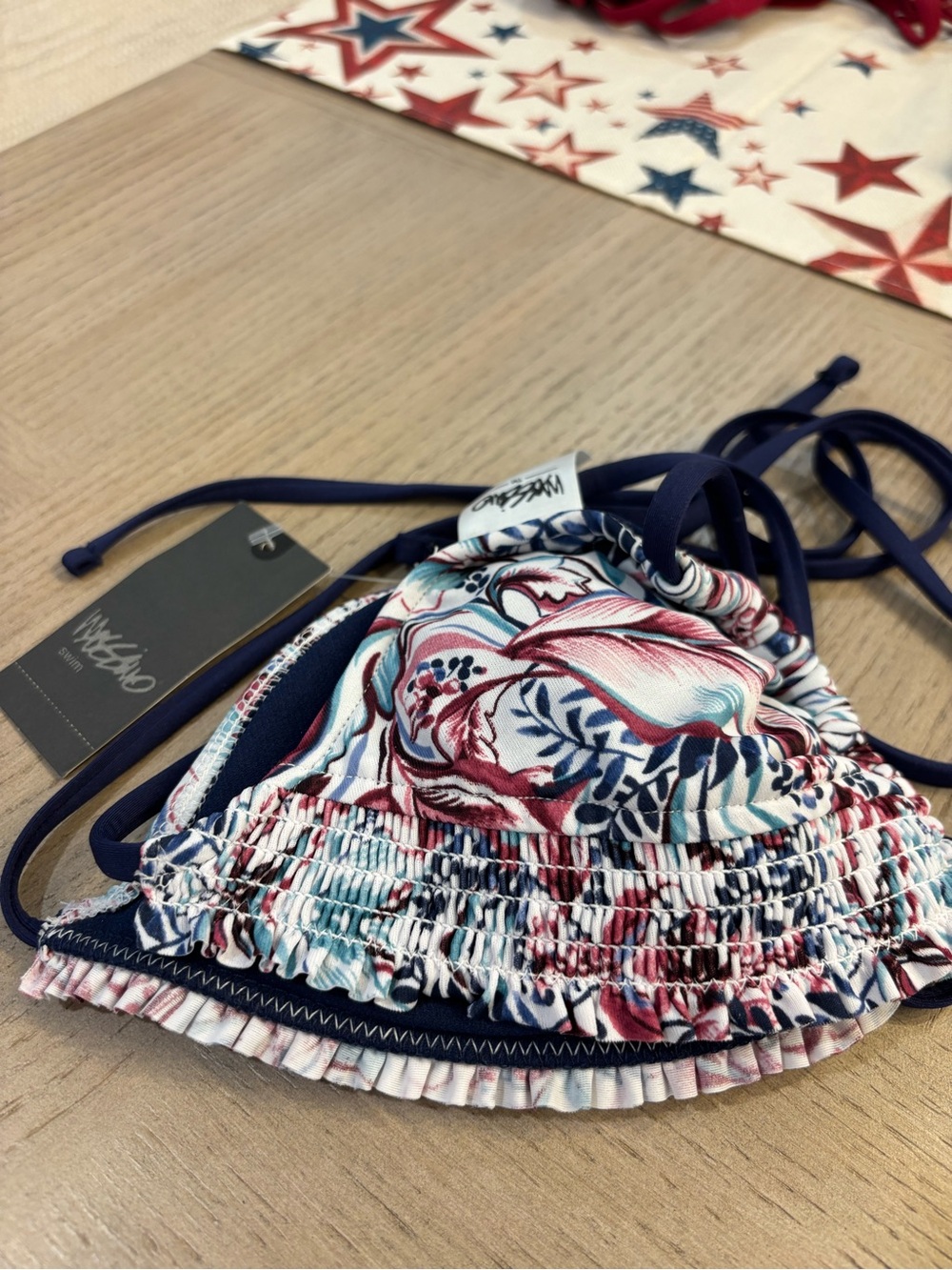 Xhilaration Floral Ruffle Triangle Bikini Top - Navy, Red, White
